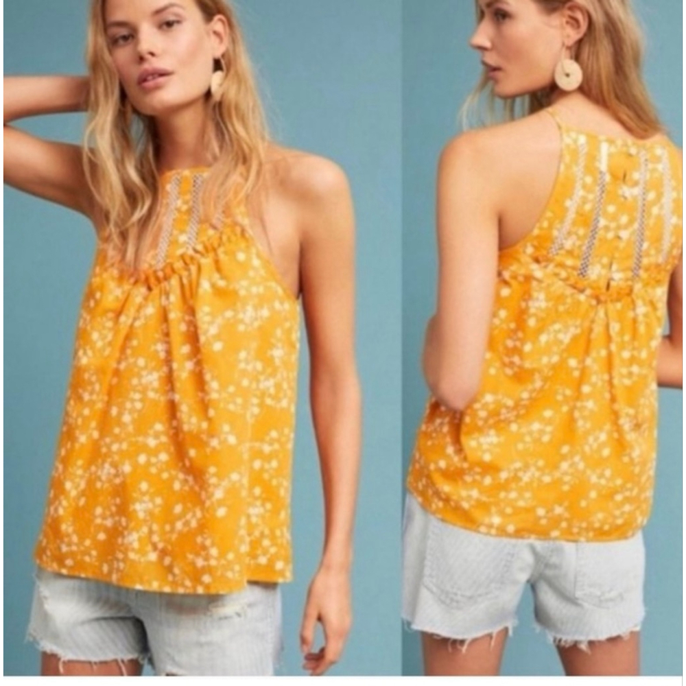 Maeve Anthropologie Yellow Floral Mesh Tank Top Small Cotton
